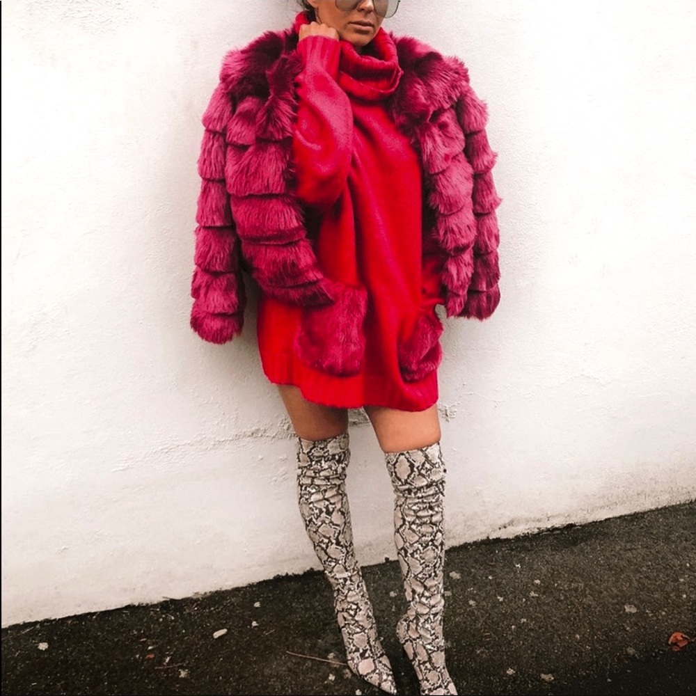 💄Mina Magenta Collarless Vegan Faux Fur Jacket💄